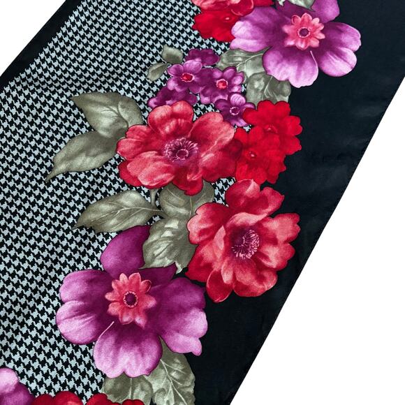 Vintage Oscar de la Renta silk scarf black red pink floral long rectangle drama - Picture 5 of 8